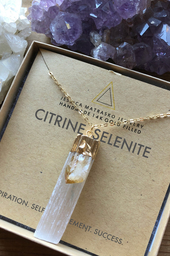 Citrine + Selenite Healing Crystal Necklace - Jessica Matrasko Jewelry