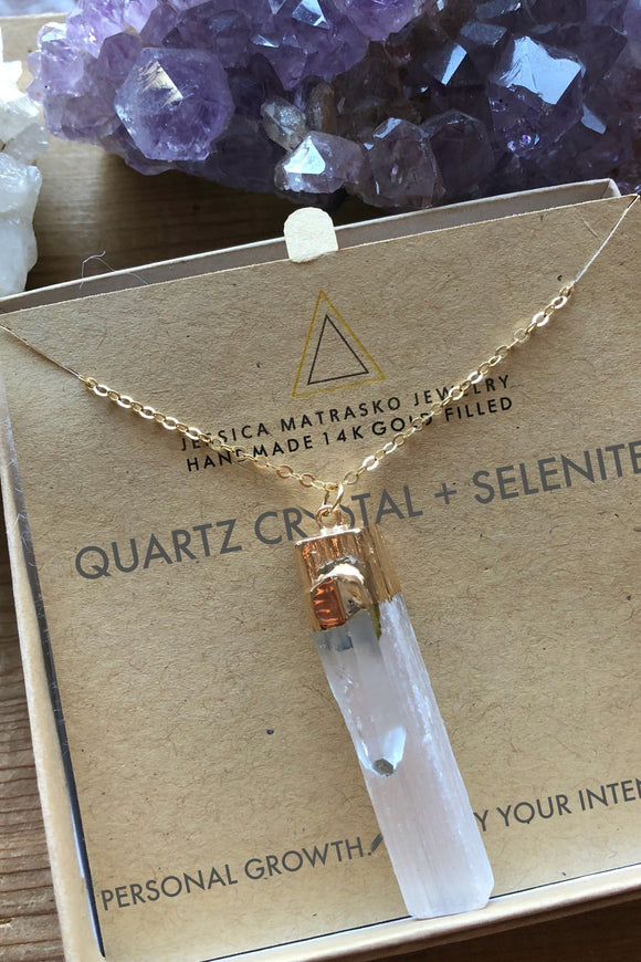 Quartz Crystal + Selenite Healing Crystal Necklace - Jessica Matrasko Jewelry