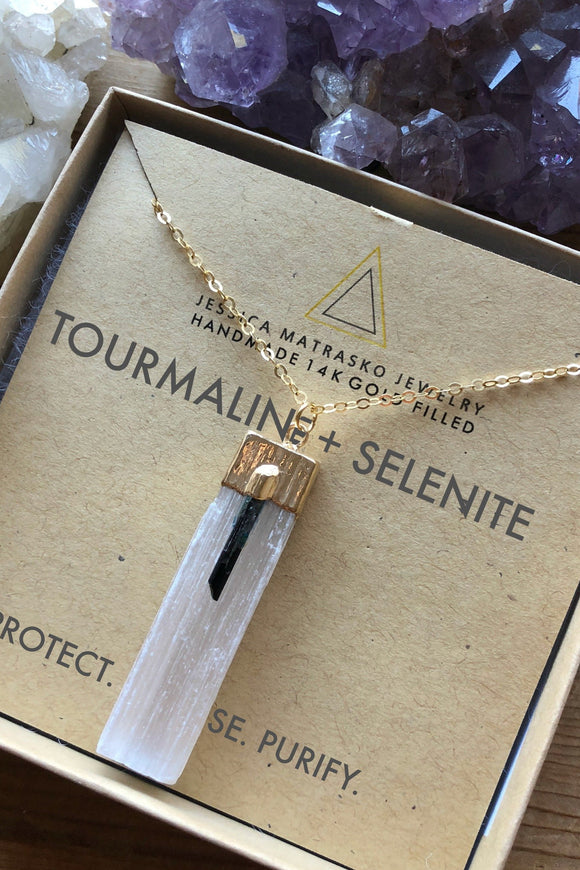 Black Tourmaline + Selenite Healing Crystal Necklace - Jessica Matrasko Jewelry